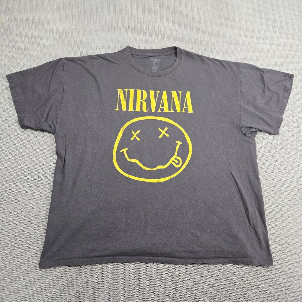 Nirvana Shirt Mens 2XL XXL Gray Rock Band Concert Smiley Face Graphic Unisex